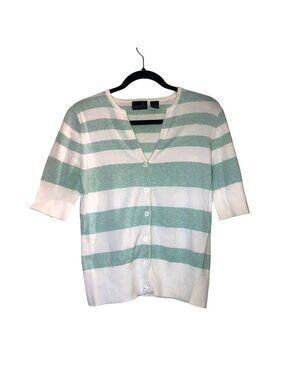 Kershaw stripe pattern green/white front button closure sweater size medium